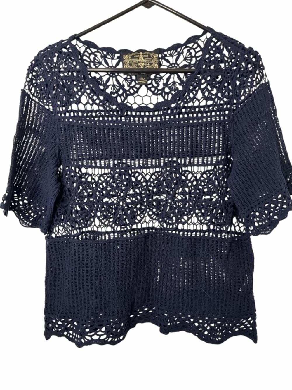 Anthropologie James Coviello Open Crochet Navy Cotton Short Sleeve Sweater